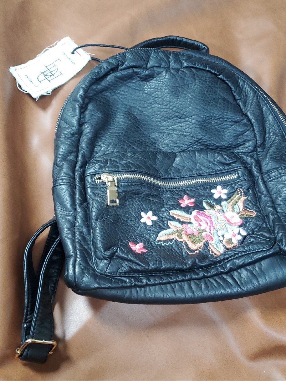 Black Floral Embroidered Mini Backpack by Like DREAMS